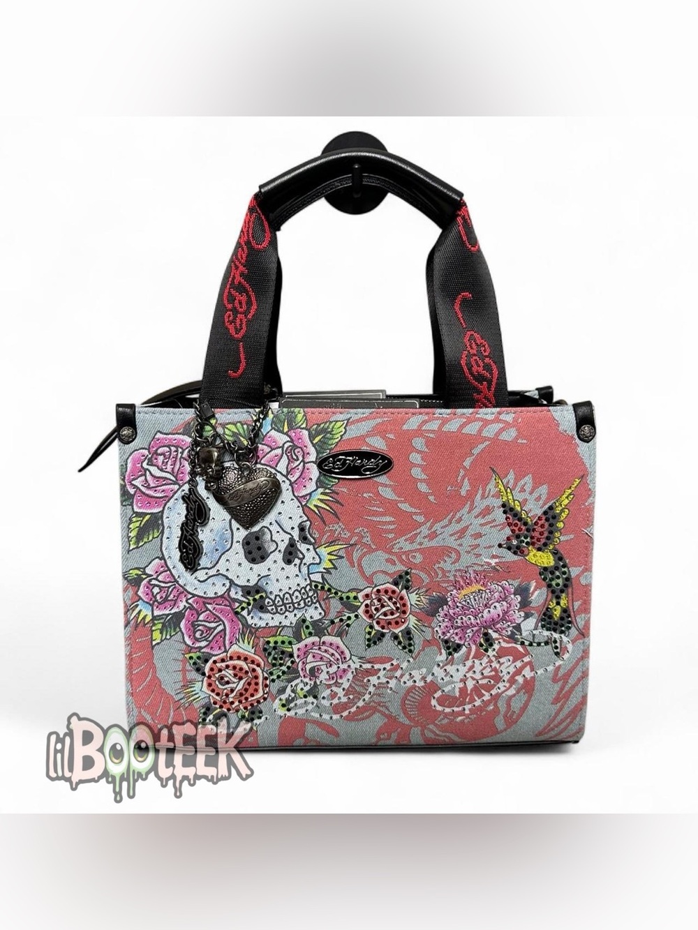 Ed Hardy Skull Roses Rhinestone Denim Tattoo Print Tote w Charms NWT VIRAL Y2K